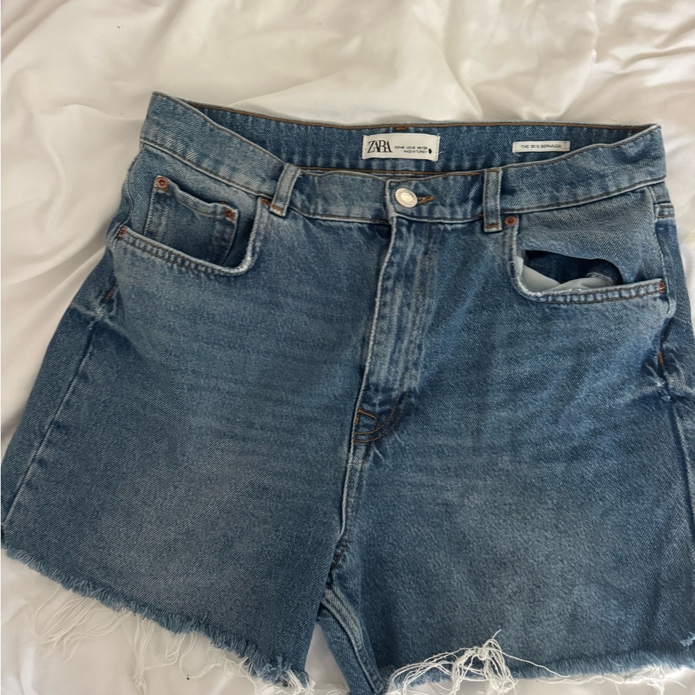 Zara Medium Blue Denim Raw-Hem Shorts